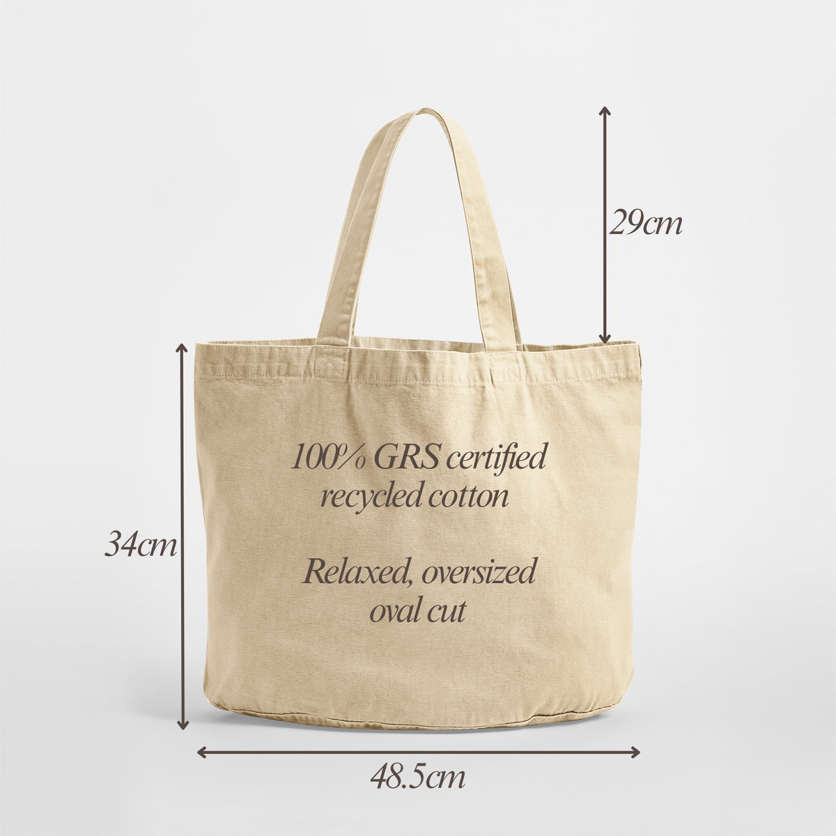 A beige canvas tote bag with dimension arrows and labels showing its height as 34cm, width as 48.5cm, and handle height as 29cm, on a light grey background.