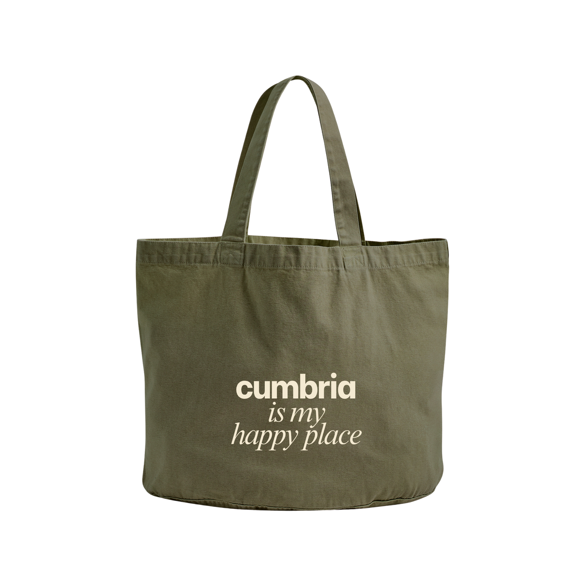 An olive green canvas tote bag with the phrase 'happiest at home with my cat' printed in cream-colored text on the front, set against a plain white background.